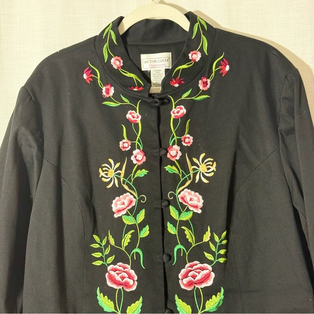 Victor Costa Floral‎ Embroidered Long Coat Black 2X Mandarin Collar - Picture 2 of 7